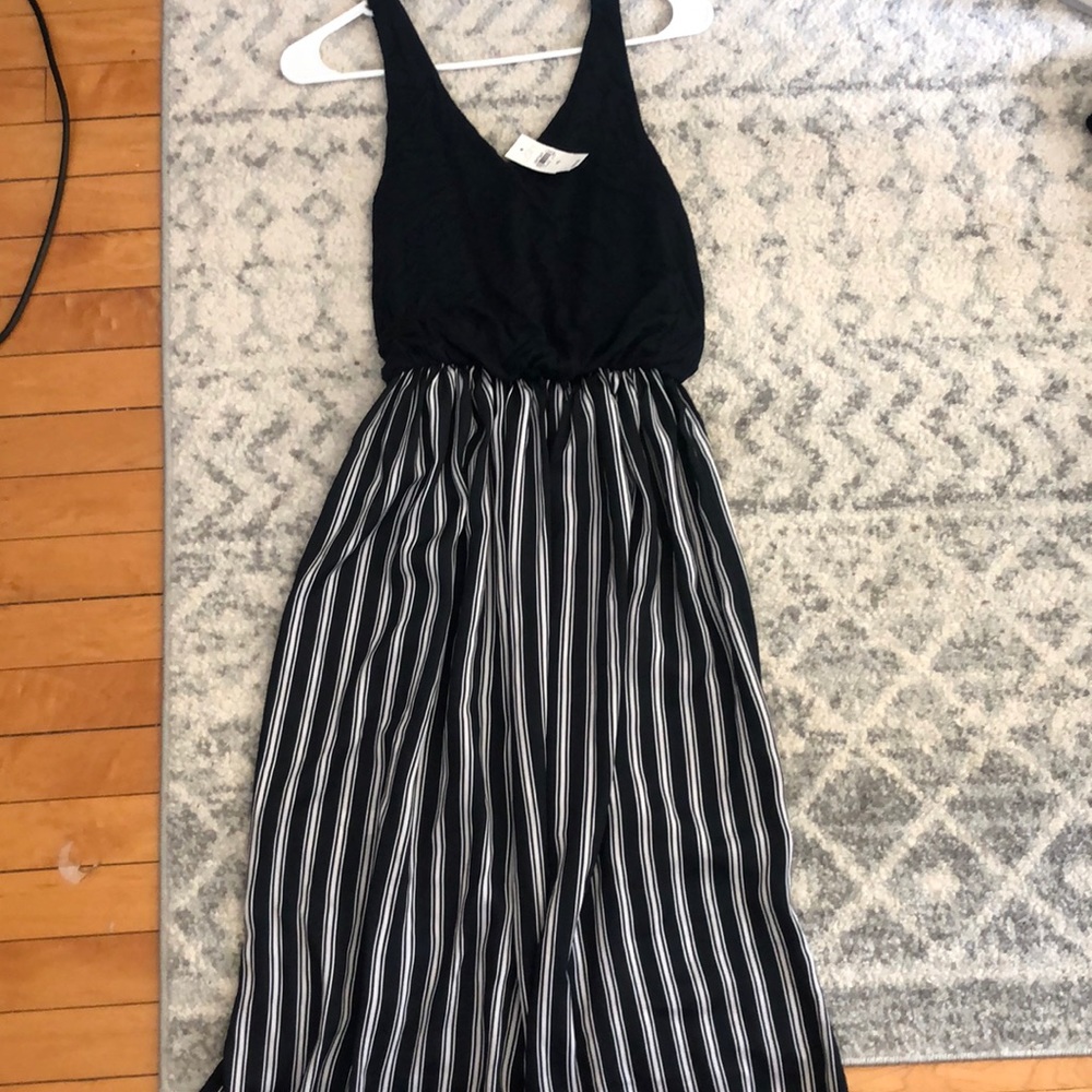 Blue and white striped shin length dress